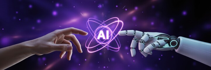 Human and robot hands interacting with artificial intelligence.