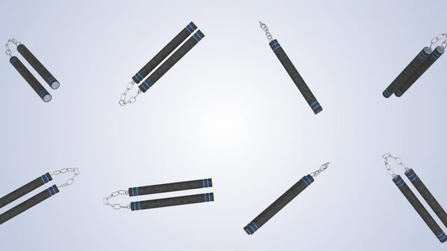 Nunchucks Falling on a Dark Blue Background. Martial Arts Self Defence Weapon. 4K