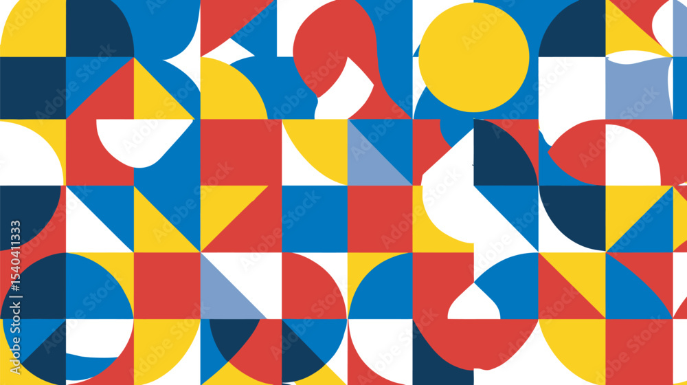 Poster geometric shapes interplay create colorful pattern abstract design background.