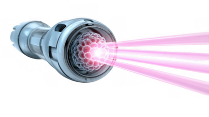 Futuristic medical device shooting multiple pink laser beams at a transparent background, possibly targeting a tumor or performing a cutting edge medical procedure