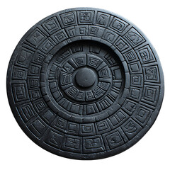 Ancient Aztec obsidian mirror, Post-classic period, polished black volcanic glass, isolated on a white background.