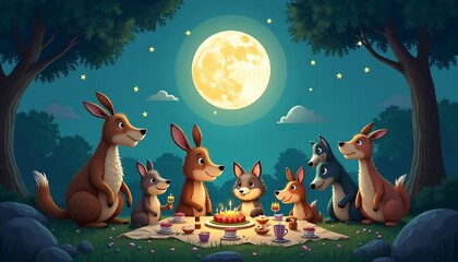 Nocturnal wildlife friends gather for a joyful birthday celebration under a luminous full moon.