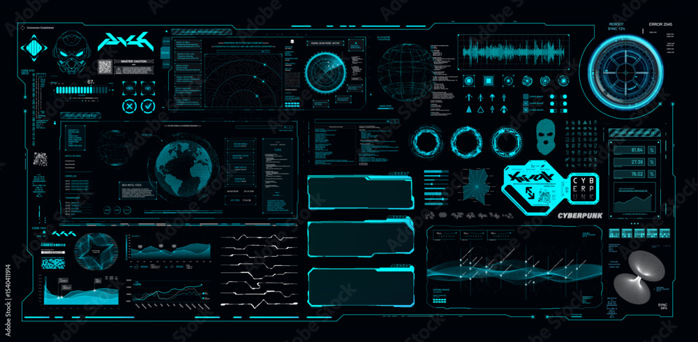 Poster Interactive Futuristic HUD Panel with holograms UI. Cyberpunk dashboard with futuristic user interface HUD, 3D elements, charts, infographics, diagrams, frames. Sci-fi Dashboard. Vector graphic UI set