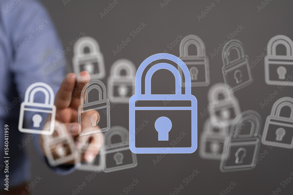 Poster Image depicts multiple digital locks, symbolizing robust data protection and cybersecurity measures.