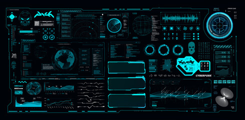 Interactive Futuristic HUD Panel with holograms UI. Cyberpunk dashboard with futuristic user interface HUD, 3D elements, charts, infographics, diagrams, frames. Sci-fi Dashboard. Vector graphic UI set