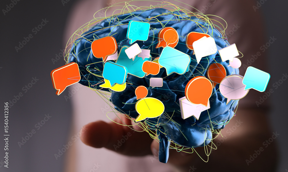Poster abstract image of a brain with colorful speech bubbles representing communication, ideas, and mental