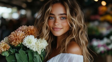 Young woman smiles while holding a bouquet of flowers in a vibrant market during daylight hours