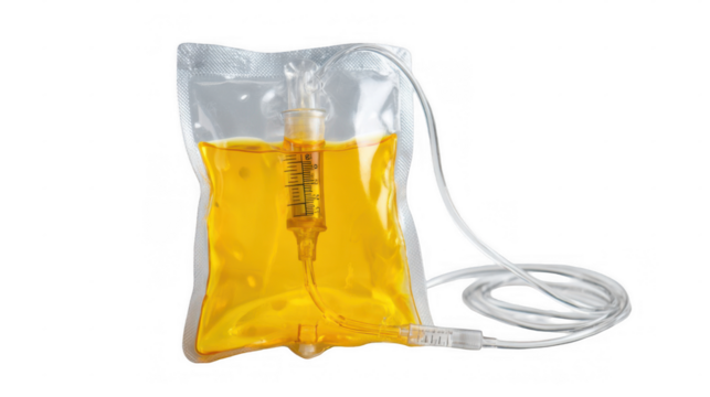 Plastic intravenous infusion bag containing yellow antibiotics, with attached infusion tube, isolated on transparent background, providing essential medication delivery in healthcare settings