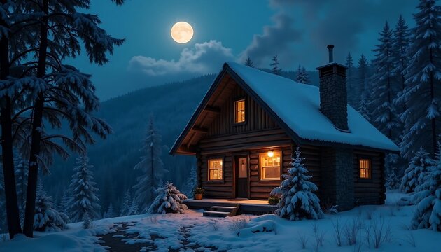 A cozy cabin glows with warm light in a snowy forest under a bright full moon at night.