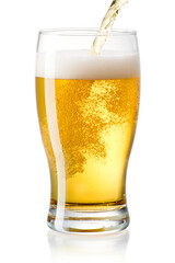 Beer pouring into full glass isolated on white background