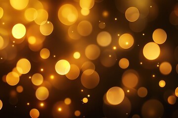 Obraz premium Golden bokeh lights sparkle on a dark brown background, creating a festive scene. Use as abstract backdrop for holiday designs or celebratory presentations.