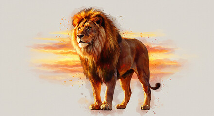 Obraz premium Watercolor Painting of a Majestic African Lion at Sunset