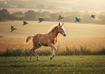 Obraz premium Young Foal Running in Golden Field with Kingfishers in Flight