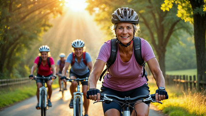 Senior woman cycling on a countryside road at golden hour with friends following behind, warm sunlight and joyful outdoor activity. Generative AI