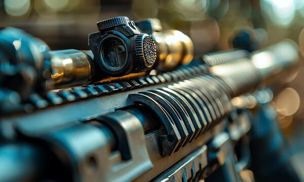 Close Up Of Black Silver Assault Rifle With Scope On A Blurred Green And Brown Bokeh Background For Adobe Stock