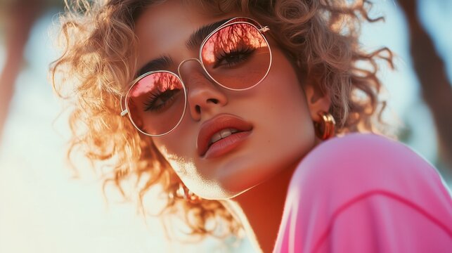Cheerful young woman with curly hair wearing pink shirt and sunglasses enjoying sunny day outdoors at a tropical location - Powered by Adobe