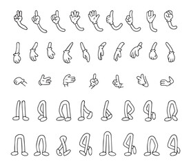 Vector illustration featuring various cartoon hand and leg gestures. Includes open hands, pointing fingers, fists, and different leg positions. Ideal for creative projects and animations.