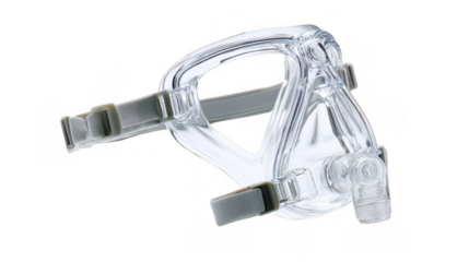 Full face cpap mask with headgear straps on a transparent background, offering a solution for sleep apnea treatment and promoting better sleep quality