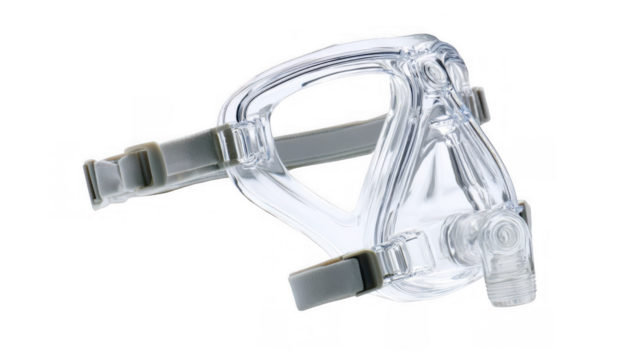 Full face cpap mask with headgear straps on a transparent background, offering a solution for sleep apnea treatment and promoting better sleep quality