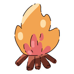 Bright vector bonfire, campfire, heats and burns. vivid events, wildlife. Flat cartoon style. Postcard, icon, sticker.