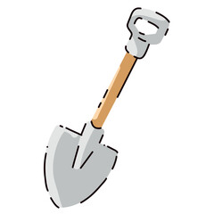 A bright vector shovel, a necessary tool in the forest, dig a fire pit. vivid events, wildlife. Flat cartoon style. Postcard, icon, sticker.