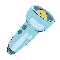 A bright vector flashlight illuminated during night camping outdoors in the forest. Flat cartoon style