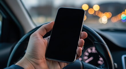 Man holding a modern smartphone with a blank screen while driving a car at night