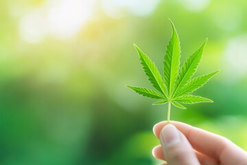 A hand holding a leaf in a green background.
