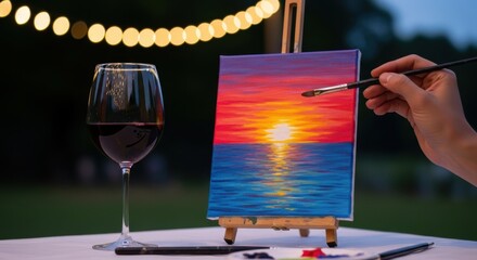 Hand painting a vibrant sunset over the ocean on canvas with a glass of red wine at an outdoor art class.