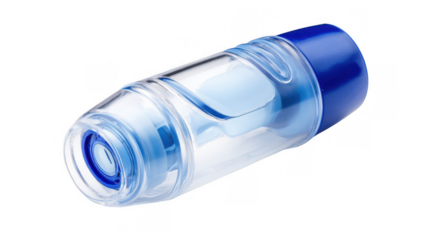 Pediatric asthma spacer chamber laying down, featuring a transparent body and blue accents, designed for convenient and effective medicine delivery to young patients