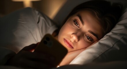 Young woman lying in bed at night, illuminated by the glow of her smartphone screen.