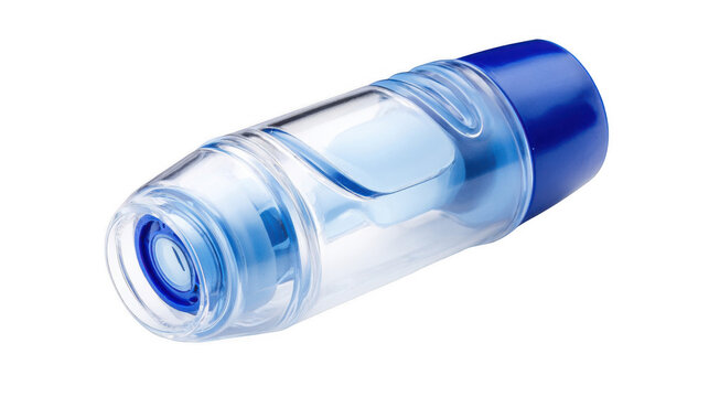 Pediatric asthma spacer chamber laying down, featuring a transparent body and blue accents, designed for convenient and effective medicine delivery to young patients - Powered by Adobe