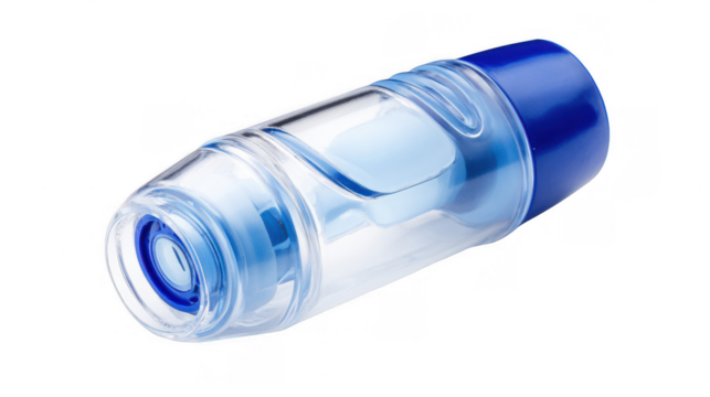 Pediatric asthma spacer chamber laying down, featuring a transparent body and blue accents, designed for convenient and effective medicine delivery to young patients