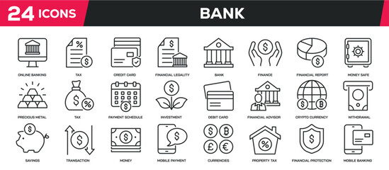 Set of collection line icons related banking, money, finance. Editable stroke. Perfect pixel on transparent background