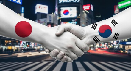 Handshake between japan and south korea flags symbolizing international cooperation and diplomacy