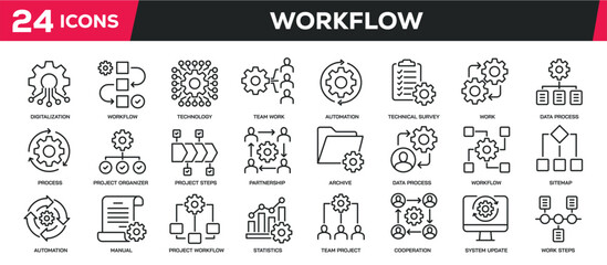 Set of collection line icons related workflow, optimization, processing. Editable stroke. Perfect pixel on transparent background