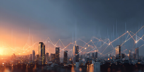 Business concept showing futuristic financial graphs, stock market charts, and data visualization over a modern city skyline at sunset, 