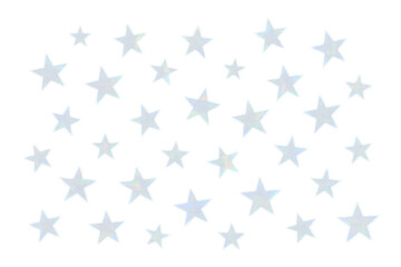 Falling white shiny five-pointed stars in various sizes, creating a dazzling effect against a transparent background, enhancing any design