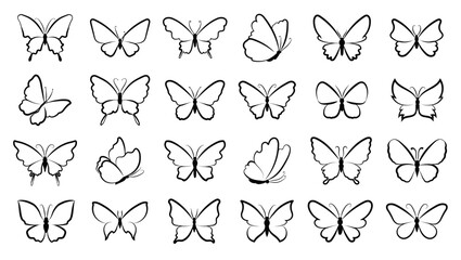 Twenty-four simplistic black-and-white butterfly silhouettes, line art, varied wing spans and patterns