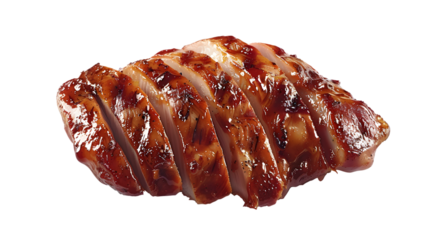 Glossy-sauced grilled chicken slices symbolizing comfort, flavor, and emotional joy in hearty dining transparent background