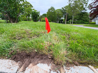 Bright Red Flag Marks Landscaping Work on a Grassy Area Near a Road
