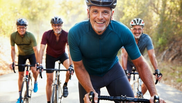 Four mature men cycling on a sunny countryside road. Group ride during golden hour, focus on lead smiling cyclist. Generative AI