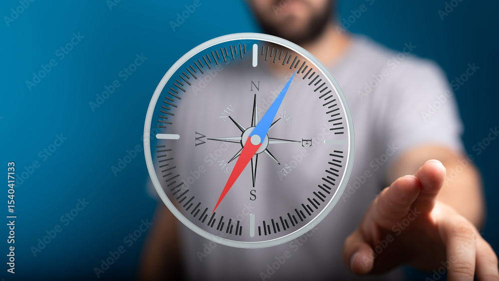Poster stock photo of a man interacting with a digital compass, symbolizing guidance and direction.