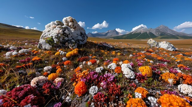High-altitude plateau with colorful mineral deposits and rare alpine flora against a deep blue sky - Powered by Adobe