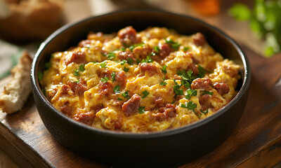 Huevos con Choriqueso - Scrambled eggs with chorizo and melted cheese.