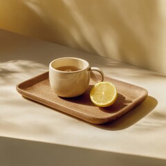 Elegant wooden tray with teacup and lemon arranged in soft, natural light perfect for a tranquil afternoon tea
