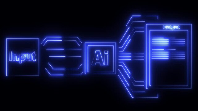 Depiction of Simple of input Workflow with Ai and made the output which are desired neon on black background Automate daily Tasks Smart AI solutions improve efficiency, Automate repetitive work.