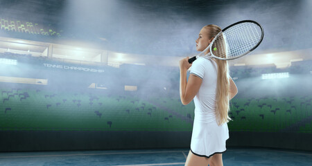 Woman tennis player playing tennis on professional tennis stadium in night.
