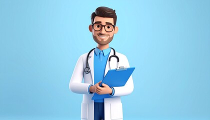 Cartoon doctor character with stethoscope and clipboard in glasses portraying a trustworthy and friendly healthcare professional