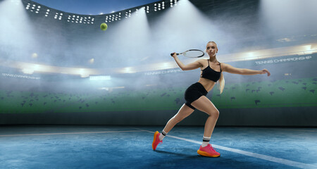 Woman tennis player playing tennis on professional tennis stadium in night.